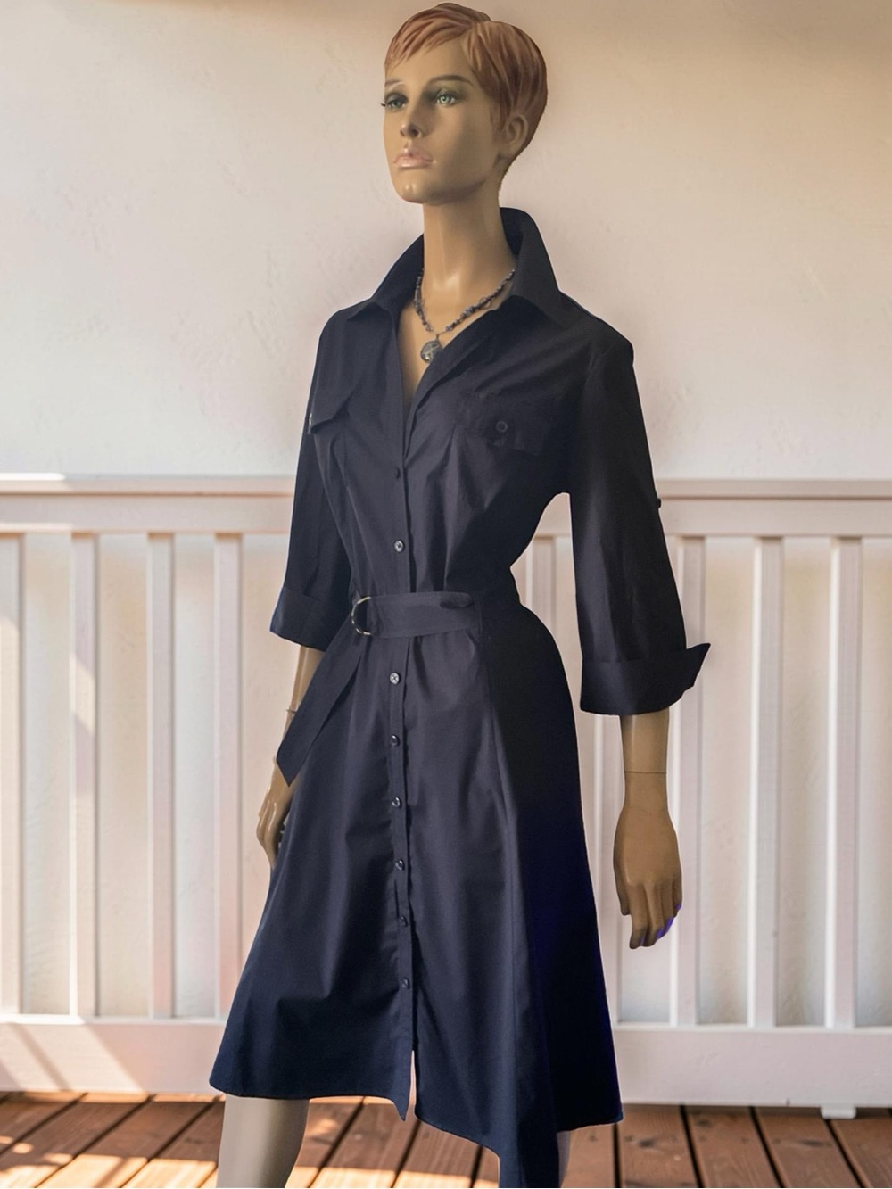 LOFT ANN TAYLOR NAVY BUTTON FRONT BELTED FLARE MIDI SHIRT DRESS Sz 16